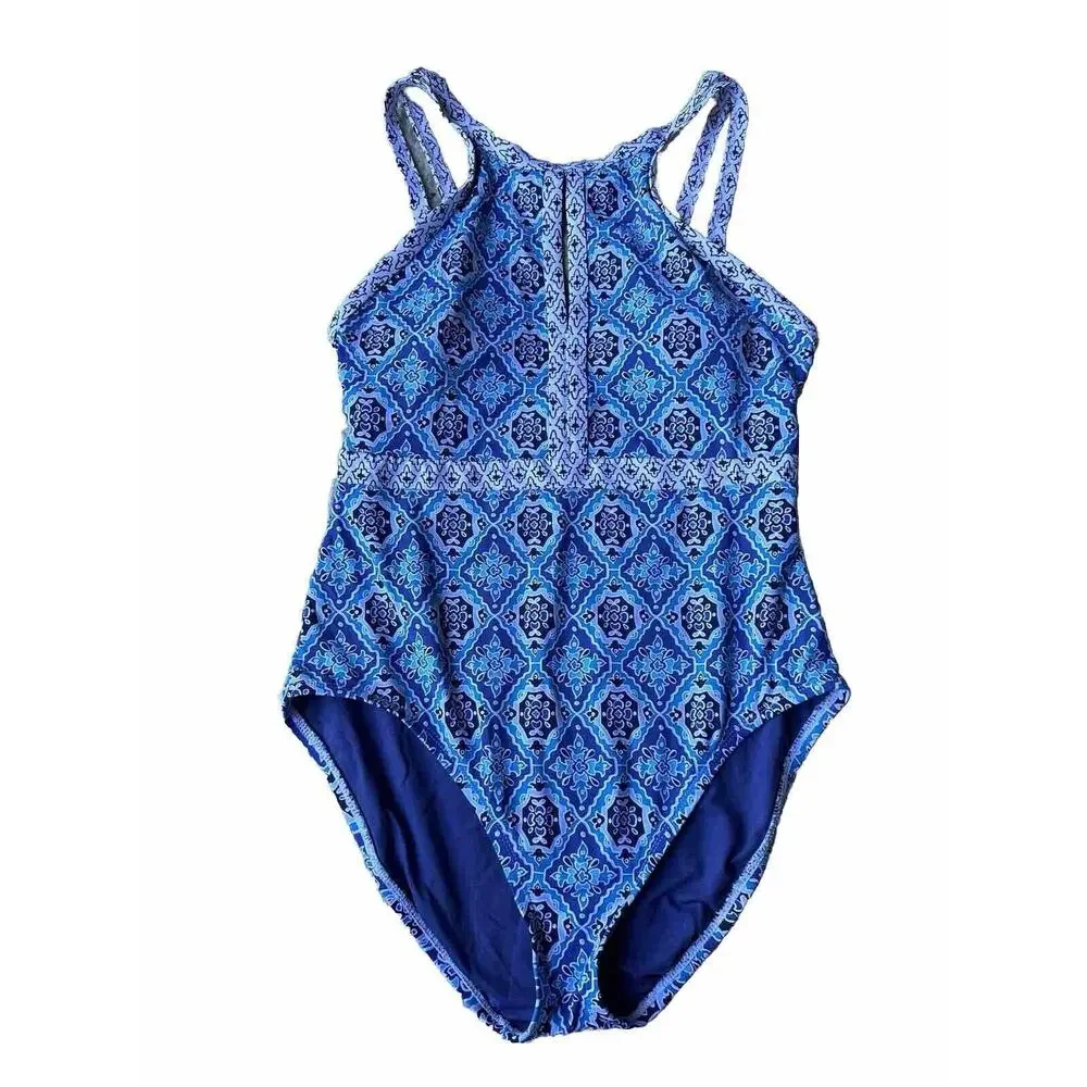 Tommy Bahama Womens Blue Tika Tiles Cutout Halter One-Piece Swimsuit Size 8